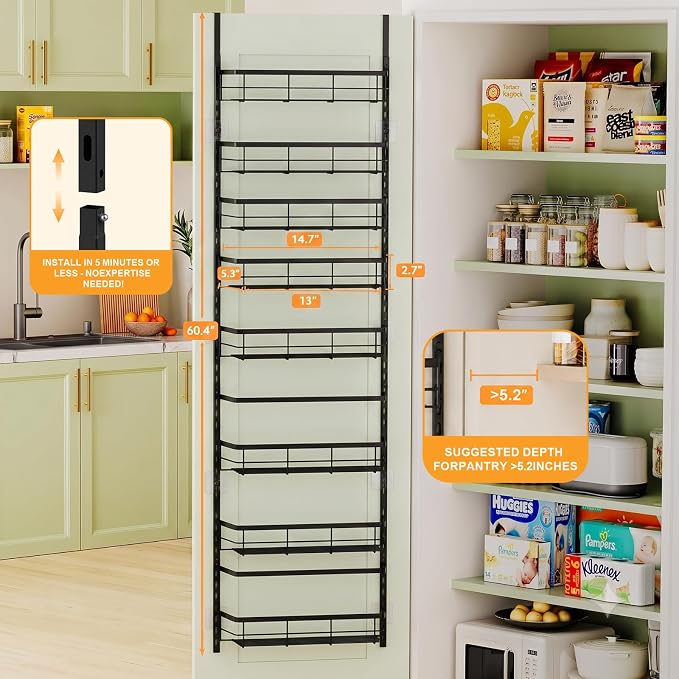 Apinol Over The Door Pantry Organizer, 8 Tier Adjustable Pantry Door Organization and Storage, Door Mounted Spice Organizer with Hooks for Pantry Kitchen Essentials, Black - Image 3