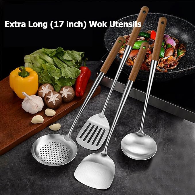 Wok Utensils for Carbon Steel, Stainless Steel Wok Spatula 17 Inch | Extra long wooden handle-Anti-scald;Wok Tools Professional Set;Great for home use and commercial use; - Image 7