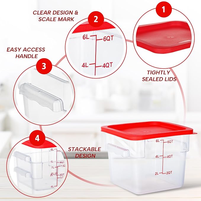 4 Pack 6QT Square Food Storage Containers with Lids | Clear NSF polycarbonate containers with scale, label and measuring cup, stackable for prep, storage, freezer. Dishwasher safe - Image 4