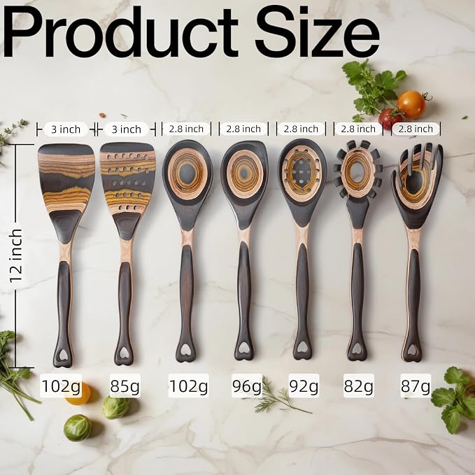 7PCS Pakkawood Kitchen Utensil Set | Heart-Shaped Wooden Spoons for Cooking | Heat-Resistant Wooden Spoons | Kitchen Essential Gift | Tuscan Brown - Image 3