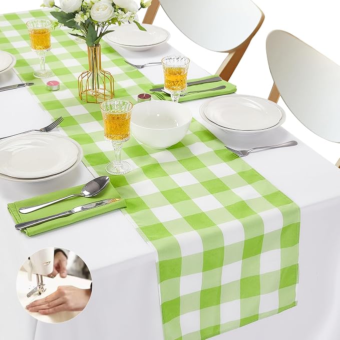 Cupuamon Fabric Checkered Table Runner 12 Pack Waterproof Gingham Table Runner 14W x 108L Buffalo Check Table Runners for Parties Kitchen Dining Wedding Banquet (Emerald and White) by Cupuamon
