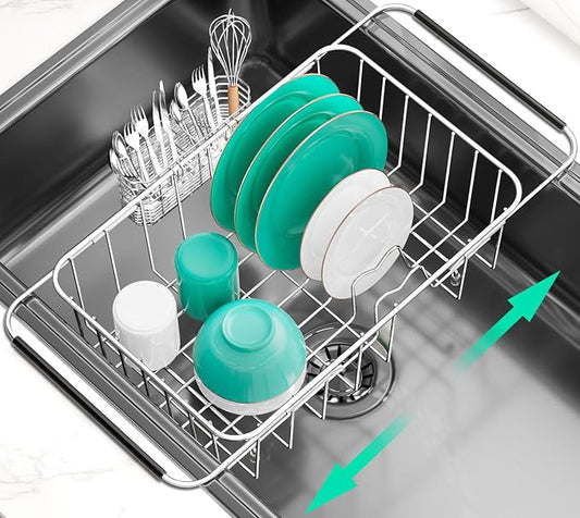 Dish Drainer Rack in Sink Adjustable, Expandable 304 Stainless Steel Metal Dish Drying Rack Organizer with Stainless Steel Utensil Holder Over Inside Sink Counter, Rustproof by SwetLao
