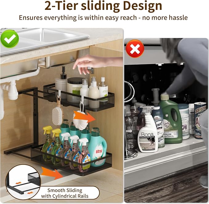 Under Sink Organizer 1 Pack, 2-Tier Slide Out Cabinet Organizer with Metal Sliding Drawer and Hooks, Pull Out Storage Baskets for Kitchen Bathroom Pantry Cabinet Organization (Black (1 pack)) - Image 8