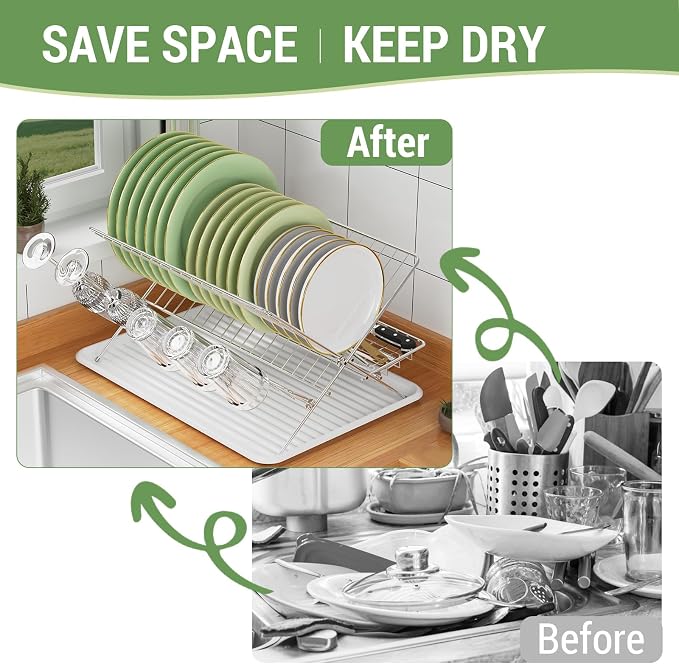Dish Rack with Drip Tray, Stainless Steel 3-Tier Collapsible Drainer Dish Drying Rack for Kitchen Counter, Sink, Countertop,Cutlery, Dishes Utensils Flatware Holder Set, Reversible Cup Draining Rack - Image 2