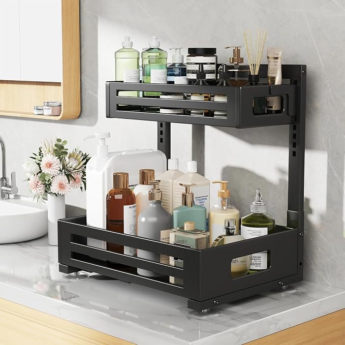2 Pack Under Sink Organizer,Pull Out Cabinet Organizer with Smooth Cylindrical Rail,Metal Slide Out Drawer for Kitchen Bathroom Laundry Cabinet,8-Level Tool Free Height Adjustable-Black - Image 7