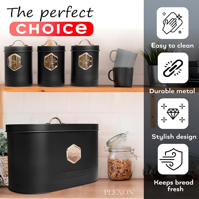 Plexon Bread Box for Kitchen Countertop with 3 Coffee, Tea, Sugar Canisters, Metal 4-Piece Bread Box Set with Lids and Cooper Labels, Black, BBCP4STBK - Image 3