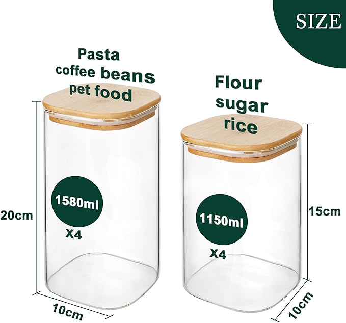 LIBWYS 8-Pack Glass Pantry Storage Jars with Bamboo Lids (1.22Qt/1.67Qt) | Stackable Square Food Containers for Pantry Organization, Coffee, Flour, Snacks, Tea, Sugar | Dry Food Kitchen Canisters Set - Image 3