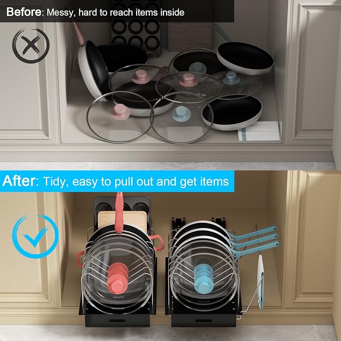 Pots and Pans Organizer Under Cabinet, Pot Lid Holder, 2 Pack | No Drill Slide-Out Pan Organizer with Adjustable Dividers & Handle Bracket, Pan Storage Inside Cabinet for Kitchen - Image 7