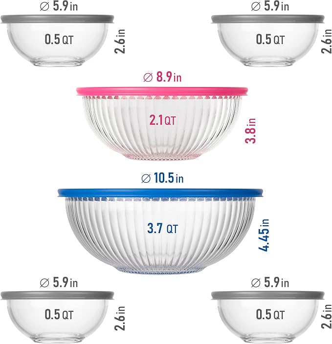 Set of 6 Stackable Space-Saving Nesting Glass Bowls with BPA Free Lids for Foodprep, Storage, Baking, Mixing & Cooking, Microwave Safe - Durable Inert Borosilicate Glass - Image 2