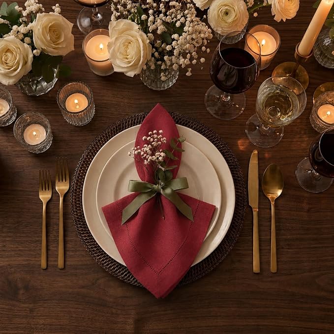 Signature Linen™ by D'Moksha Red Dinner Napkins Set of 4, 20 x 20 Inch Cloth Napkins, 100% Pure Linen, Hemstitch, Machine Washable Table Napkins- Summer, Weddings, Outdoor hostings - Image 2