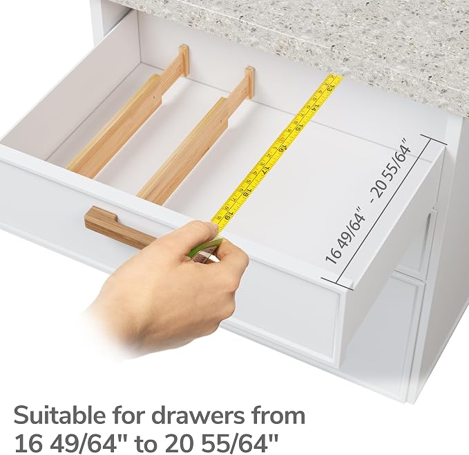 BAMEOS Bamboo Expandable Drawer Dividers – Fits 16.6"–22" Drawers, 2" High, Set of 4 | Spring-Loaded Bamboo Separator for Kitchen Island, Bathroom Vanity & Dresser Drawers - Image 6
