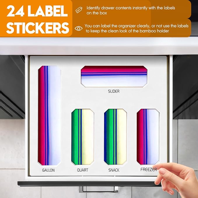 Bamboo Ziplock Bag Storage Organizer for Drawer -White, 5 in 1 Baggie Organizer with 24 Labels - Fits Gallon, Quart, Sandwich & Snack Bags - Wall Mountable Kitchen Drawer Organizer, 3in - Image 4