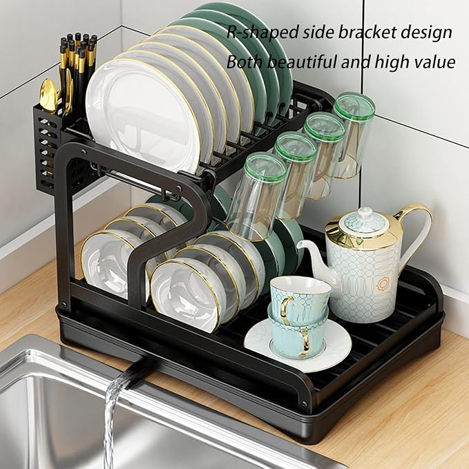 HUHJYUGE Kitchen Drying Rack for Dishes, Dish Racks for Kitchen Counter Space-Saving 360° Swivel Spout, Dish Drying Rack 2 Tier Large-Capacity, for Kitchen Counter Organizer - Image 6