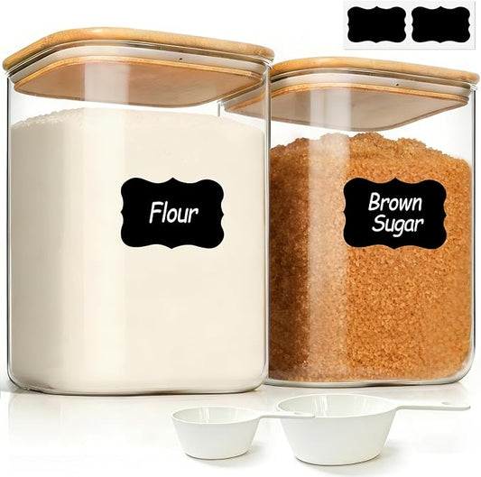 ComSaf Flour Sugar Storage Containers 4 Qt, Set of 2 Glass Flour Container | 1 Gallon Large Glass Storage Containers, 15cm Extra Wide Mouth Canisters, Easy Clean and Scoop, 4.4lb Flour Jar, BPA Free by ComSaf