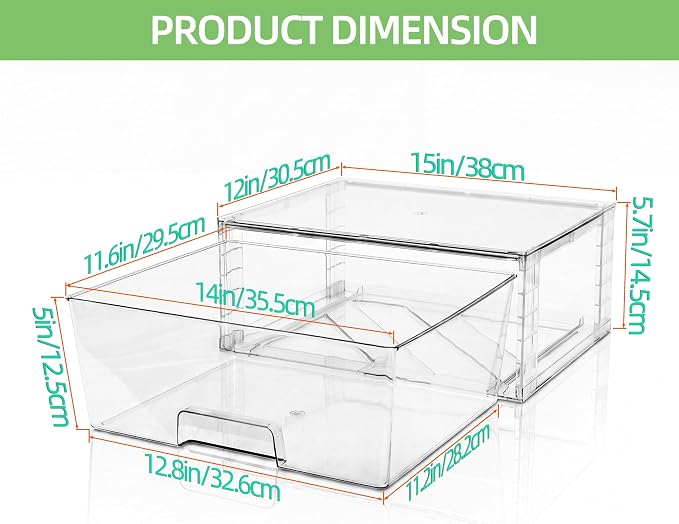 Wide Large Stackable Storage Drawers(2 Pack),Multi-purpose Clear Plastic Organizer Bins with Handles, Easy to Assemble for Bathroom Home Closet Under Sink Kitchen Pantry Medicine Cabinet - Image 3