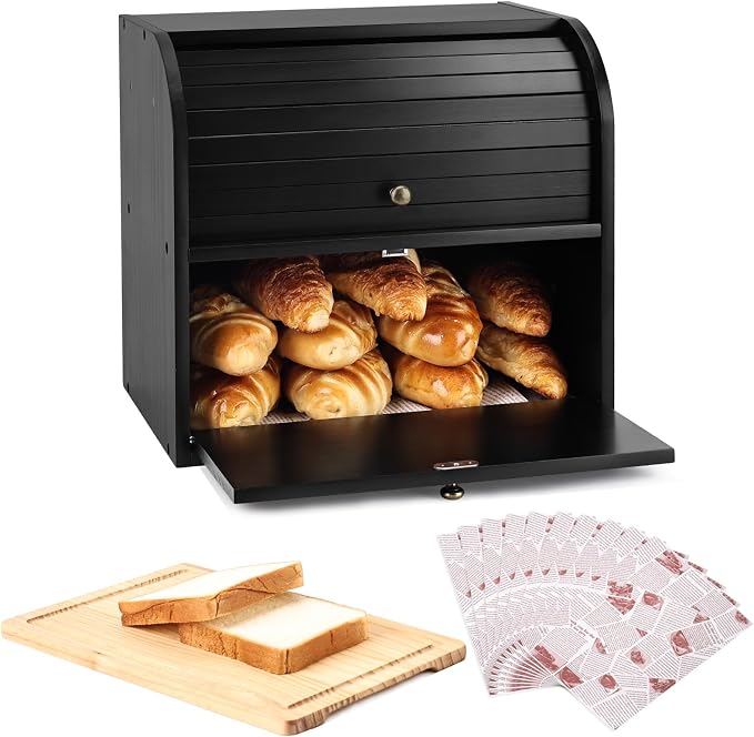 Alpeir Roll Top Bread Box with Cutting Board for Kitchen Countertop, Black | Large Breadbox with Ventilation Holes, Double Layer Pantry Shelf, Wooden Homemade Bread Storage Container, Vintage Farmhouse by AlpeirDirect