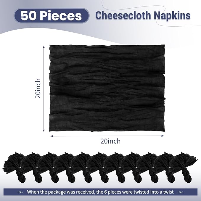 50 Pack Black Cloth Napkins 20x20Inch Cheesecloth Napkins | Elegant Cloth Napkins for Table, Washable Rustic Boho Gauze Napkins, for Wedding Party Bridal Baby Shower Halloween Decor - Image 2