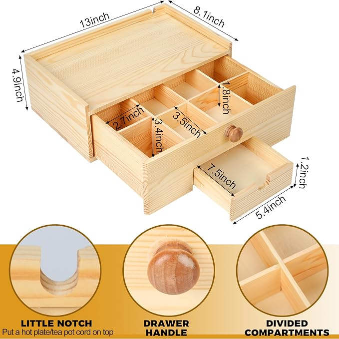Cinnvoice Tea Bag Organizer Wood Tea Organizer Storage Box 8 Compartments Container Holder with Lid to Storage and Keep Fresh(Brown) - Image 3