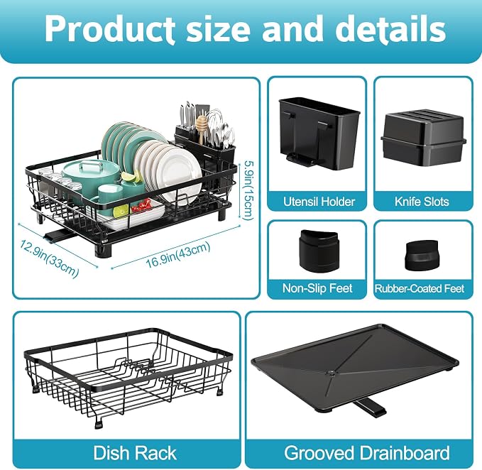 Dish Drying Rack - Space Saving Dish Rack - Dish Racks for Kitchen Counter with Drainboard,Rustproof Dish Drainer with Removable Utensil Holder,Black - Image 6