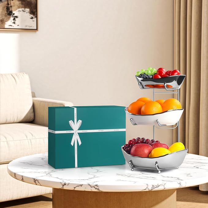 3 Tier Fruit Basket for Kitchen Counter, Modern Ceramic Fruit Bowl with Silver Metal Stand, Fruit Holder Stand for Snacks, Nuts, Cakes, Desserts, Bread, Candy Storage - Image 8