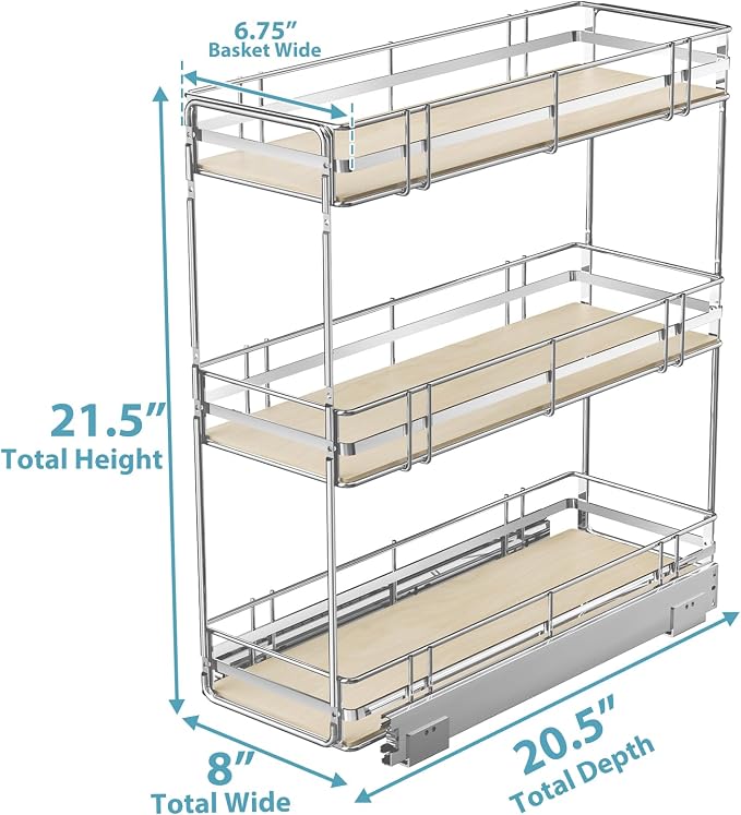 Pull Out Spice Rack Cabinet Organizer 8" W x 20½" D, 3 Tier Heavy Duty Slide Out Wood Shelf for Narrow Cabinet, Pull Out Storage for Kitchen - Image 3