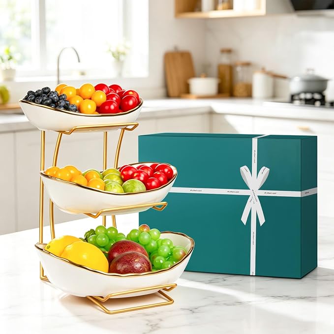 Fruit Bowl for Kitchen Counter, 3 Tier Fruit Basket for Counter, Ceramic Holder, Tiered Stand with Metal Stand, Detachable Rack for Fruit Vegetable Snack Dessert Storage (White) - Image 5
