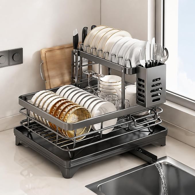 Large 2 Tier Dish Drying Rack for Kitchen Counter, Carbon Steel Dish Drainer with Drainboard and 360° Swivel Spout, Utensil, Knife and Cutting Board Holders, No Assembly Required, Grey by Unknown