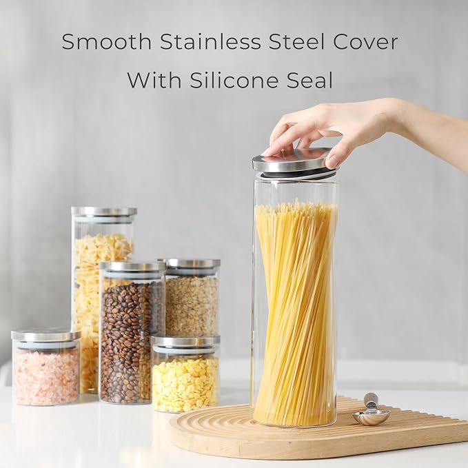 ComSaf Glass Food Storage Containers with Stainless Lids Set of 3, 70 OZ Clear Glass Jar with Airtight Lid, Tall Spaghetti Container, Glass Storage Jars for Pasta Rice Oats, Canister Set for Kitchen - Image 4
