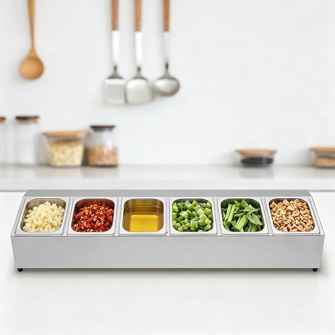 6Pans Pizza Topping Station Organizer Container Food Prep Condiment Caddy | Ingredients Holder Spice Rack Stainless Steel Candy Container Set with 6 Pans & Lids, Food Truck Restaurant Kitchen Buffet - Image 8