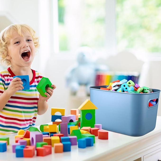 8 Pieces Colorful Storage Bins with Lid, Plastic Storage Basket Organizing Container Stackable Box with Handle for Shelves Desktop Playroom Office(10.2 x 7 x 6.3 Inch,Blue) - Image 6