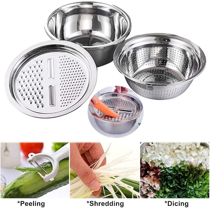 Stainless Steel Kitchen Basin Drain Basket Colander Set 3 in 1 Multifunctional Fruit Vegetable Julienne Grater Strainer Fine Mesh Basket Vegetable Rice Washing Bowl Set - Image 2