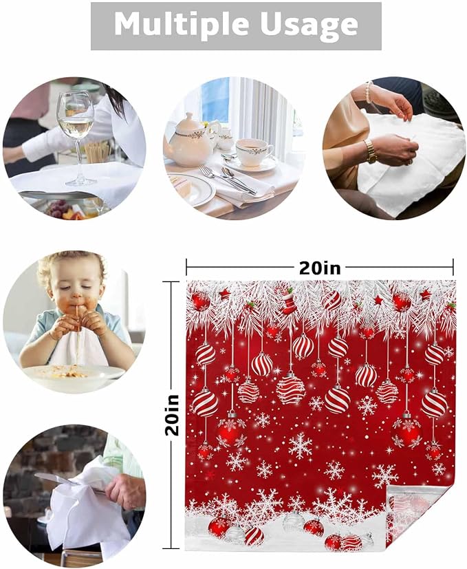 Red Christmas Dinner Cloth Napkins Set of 8, Xmas Ball Winter Snowflake Washable Cocktail Cloth Napkins, Sliver Needles Reusable Table Napkins for Wedding Holiday Party, 20 x 20 Inch - Image 7
