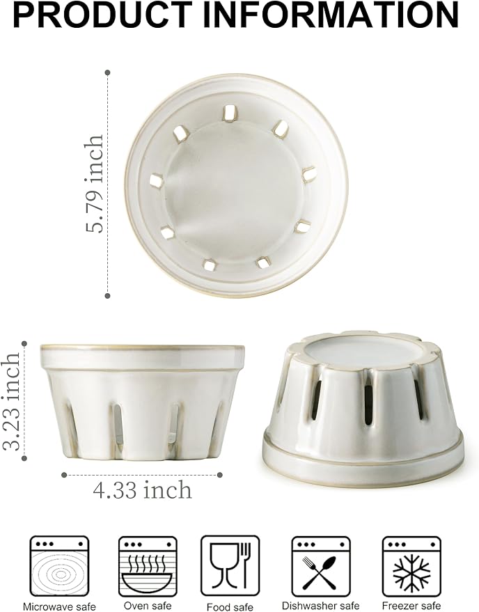 Gomakren Ceramic Berry Basket Set of 2, Fruit Bowl Colanders 5.8 Inch White | Drain Holes Keep Berries Fresh, Stackable Space-Saving, Dishwasher Safe, Versatile Fruit Serving & Farmhouse Kitchen Decor - Image 2