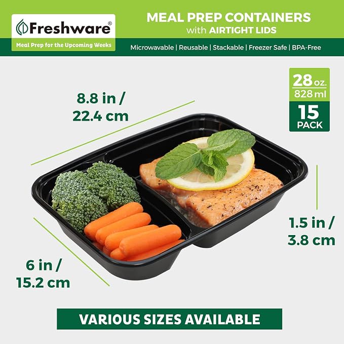 Freshware Meal Prep Containers with Lids 28 oz [15 Pack] 2-Compartment Food Storage Containers, Bento Box Lunch Containers, BPA Free, Airtight, Stackable, Reusable, Microwave/Dishwasher/Freezer Safe - Image 4