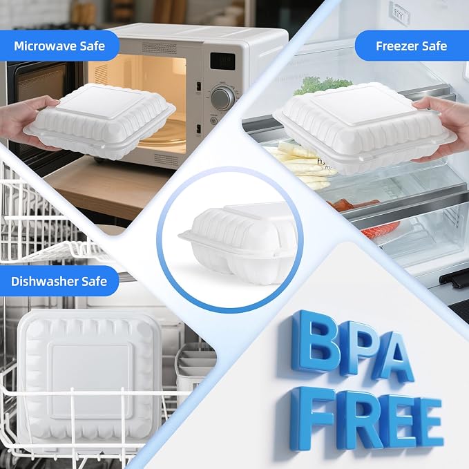 YANGRUI 55-Pack 34oz 8" White Meal Prep Boxes - Shrink Sealed No Pre-Wash | 3-Compartment | Factory Direct Heavy Duty Mineral PP, Microwave Safe | Portion Control for Nutrition & Weight Management - Image 5