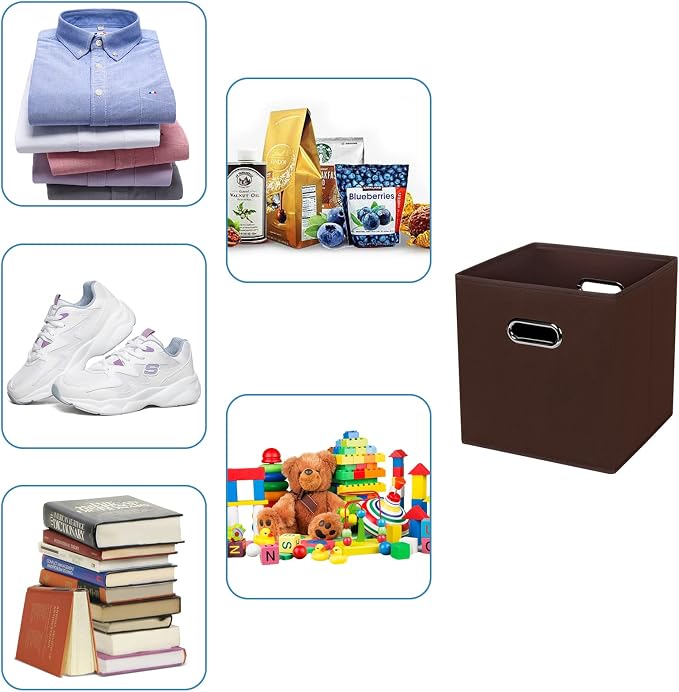 Fabric Cubby Storage Bins, 13x13x13 Inches, Foldable Storage Bins with Dual Handles, Set of 6, Coffee - Image 3