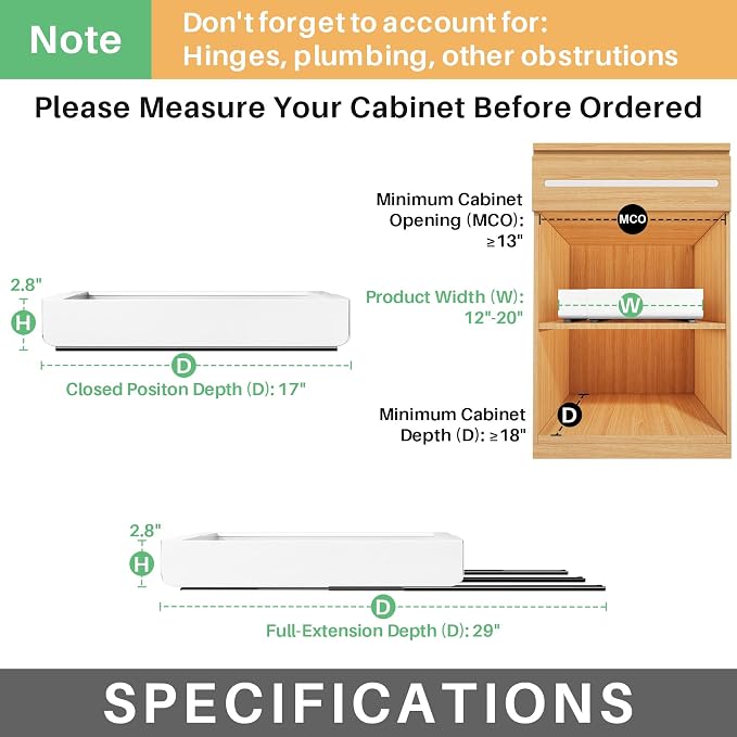 Pull out Cabinet Organizer, Expandable(12"-20") Heavy Duty Slide out Drawers Fixed with Adhesive Nano Film for Pots, Roll out Shelf Storage for Kitchen Base Cabinet, Pantry, Bathroom Cupboard - Image 2