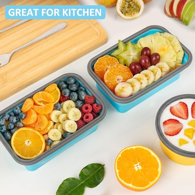 Collapsible Food Storage Containers with Airtight Lid & Vent Valve, 27 oz, Annaklin Kitchen Stacking Silicone Collapsible Meal Prep Container Set for Leftover, Microwave Freezer Safe, Blue, Set of 4 - Image 5