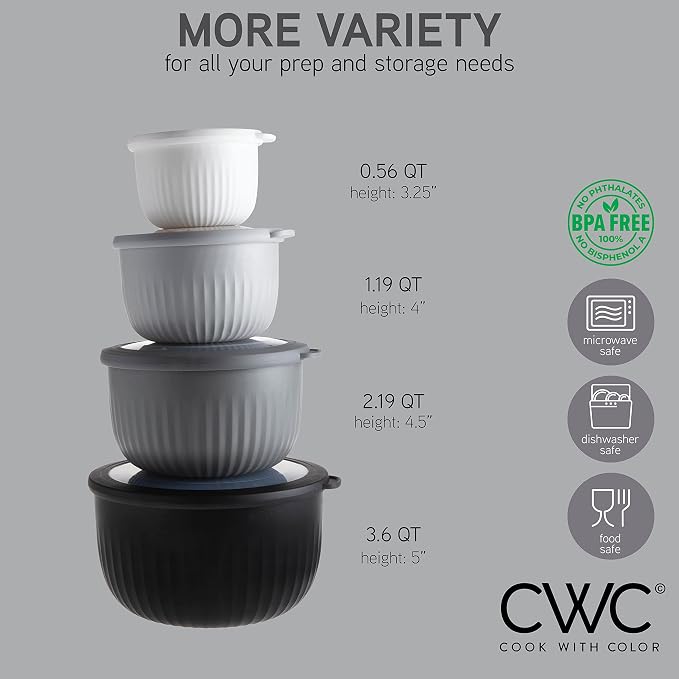 COOK WITH COLOR Prep Bowls with Lids- Wide and Deep Nesting Plastic Small Mixing Bowl Set with Lids, 8 Piece Set - Deep Bowls, Black/White - Image 2