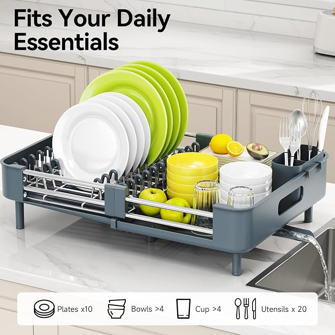 Urackify Extendable Stainless Dish Drying Rack for Kitchen Counter | 13.78"W x 18.7"L, Foldable Drainboard for Space Saving, Knife and Utensil Holder, Fast-draining Spout, Dark Slate Teal - Image 3