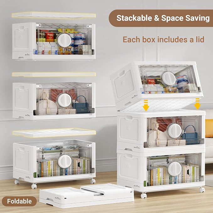 BROVIEW 480Qt Lockable Stackable Storage Bins with Lids, Closet Organizers and Storage Drawer, Collapsible Storage Bin with Wheels, Plastic Cabinet for Toy Clothes Dorm Organizer, V9 4 Pack White - Image 9