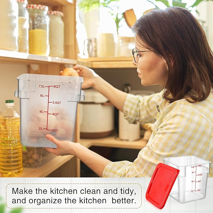 2 Pcs Square Food Storage Container Polycarbonate Clear Food Container with Lid Commercial Rice Storage with Graduations for Commercial Kitchen(8 Qt,Red) - Image 4