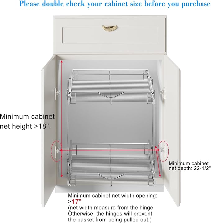 DINDON 2 Tier Pull Out Cabinet Organizer (17" W X 21" D), Double Tier Wire Basket Slide Out Shelf Storage for Kitchen Base Cabinet, Chrome Finish - Image 4