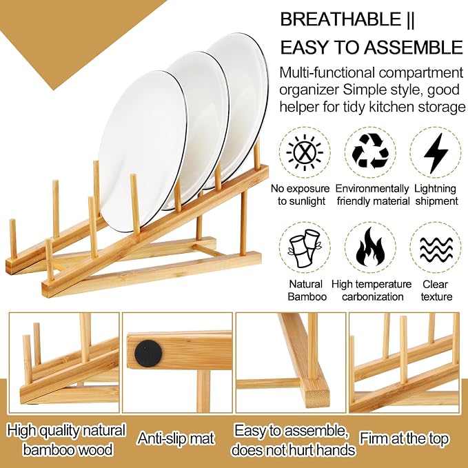 6 Pcs Wooden Bamboo Dish Drying Rack Kitchen Cabinet Organizer for Cabinet Cutting Board Display Stand for Dish Plate Bowl Water Bottles Cup Pot Lid Cutting Board - Image 2