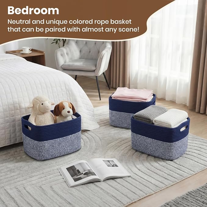 Storage Baskets for Organizing, 14 x 10 x 9” Closet Shelf Woven Baskets, Square Bins with Handles, Cotton Rope Basket for Clothes, Office, Room, Grey+Blue 1 Pack - Image 5