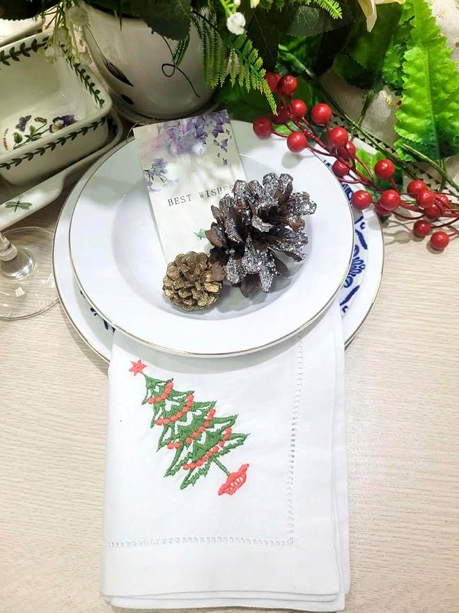 Embroidered Cloth Napkin Christmas Tree Cotton Napkins Set of 6, 20 x 20 Hemstitch Table Napkins, Machine Washable, Daily & Holidays, Great Gift Ideas - Image 4