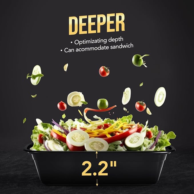 100-Piece (50-Pack) 34 OZ Meal Prep Containers Reusable with Lids, Sturdy Leakproof & Food Safe, Microwave, Freezer, Dishwasher Safe To Go Food Containers, Plastic Take Out Containers, Black - Image 2