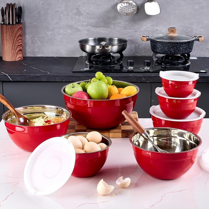 Red Mixing Bowls With Airtight Lids,Stainless Steel Bowl,Salad Bowls 7 Piece Colorful Nesting Bowl Red Kitchen Accessories,Size 7,3.6,2.7,2.1,1.5,1.1,0.8QT Stackable Design - Image 8