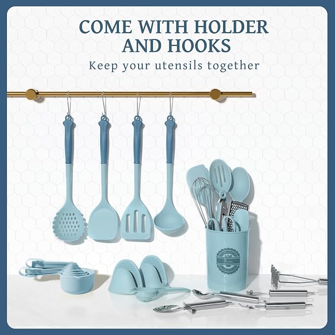 Kikcoin 43Pcs Large Kitchen Utensils Set - Silicone Cooking Utensils Set, Dishwasher Safe Spatula Set for Non-stick Cookware, 446°F Heat Resistant Kitchen Utensils Set with Holder BPA Free, Blue - Image 7
