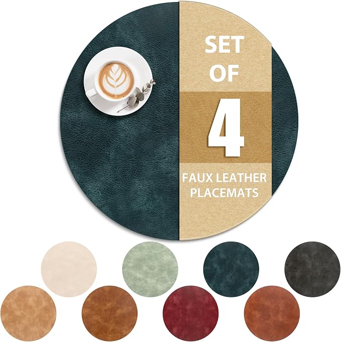 ADRIMER Placemats, Heat Resistant Round Placemats Set of 4 Washable, Waterproof Table Mats, Wipeable Faux Leather Place Mats for Kitchen, Dining Room, Dark Blue by Adrimersdreamistobeanindispensablecompanioninyourlife